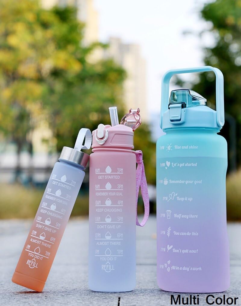 Water Bottle with Straw 2 liter Motivational Markers,3 Pack(2L+900ml+300ml), Leak-Proof, BPA-Free, Plastic Sport Bottle Portable for Camping, Bike, Gym