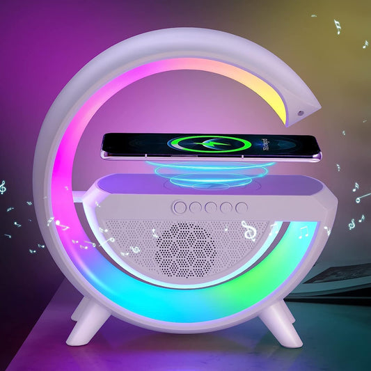 G Shape Rechargable Multifunctional Bluetooth Speaker with 15W Wireless Charger Cum Color Changing Desk Lamp