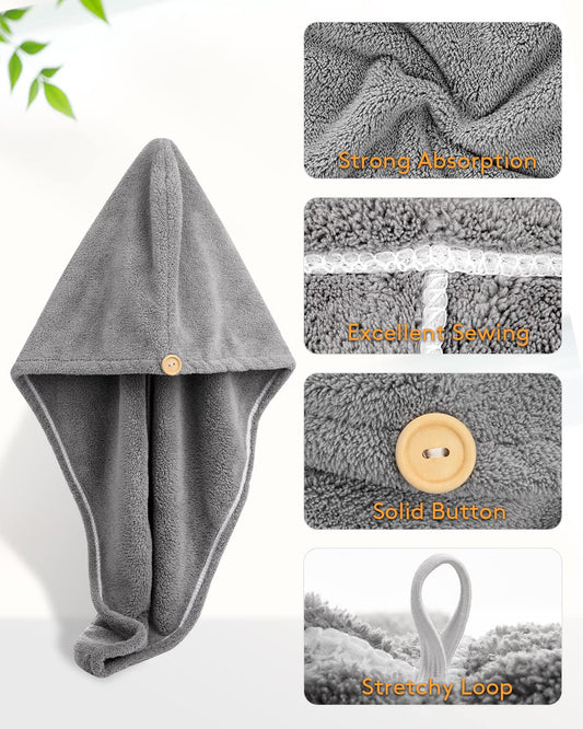 Microfiber Hair Towel with Button, Super Absorbent Fast Drying Hair Wrap