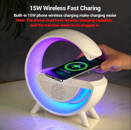 G Shape Rechargable Multifunctional Bluetooth Speaker with 15W Wireless Charger Cum Color Changing Desk Lamp