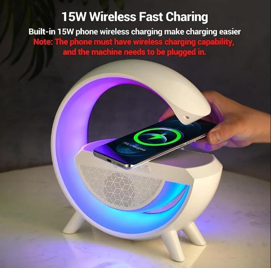 G Shape Rechargable Multifunctional Bluetooth Speaker with 15W Wireless Charger Cum Color Changing Desk Lamp