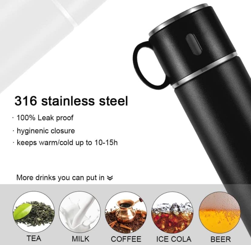 Anva Vacuum Flask Set with 3 Stainless Steel Cups Combo - 500ml - Keeps HOT/Cold