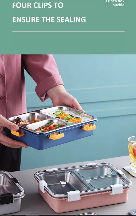 Anva Leak Proof 3 Compartment Stainless Steel Bento Lunch Boxes with Removable Inner Plate Reusable Freezer Safe Food Containers LARGE SPACE