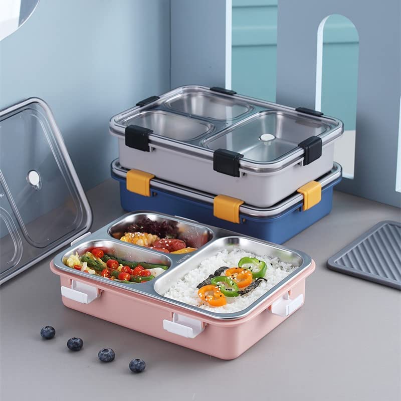 Anva Leak Proof 3 Compartment Stainless Steel Bento Lunch Boxes with Removable Inner Plate Reusable Freezer Safe Food Containers LARGE SPACE