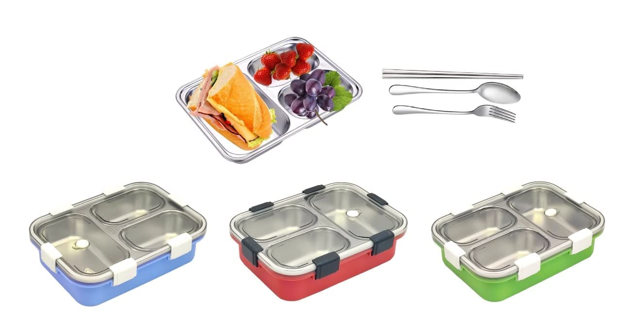 Anva Leak Proof 3 Compartment Stainless Steel Bento Lunch Boxes with Removable Inner Plate Reusable Freezer Safe Food Containers LARGE SPACE