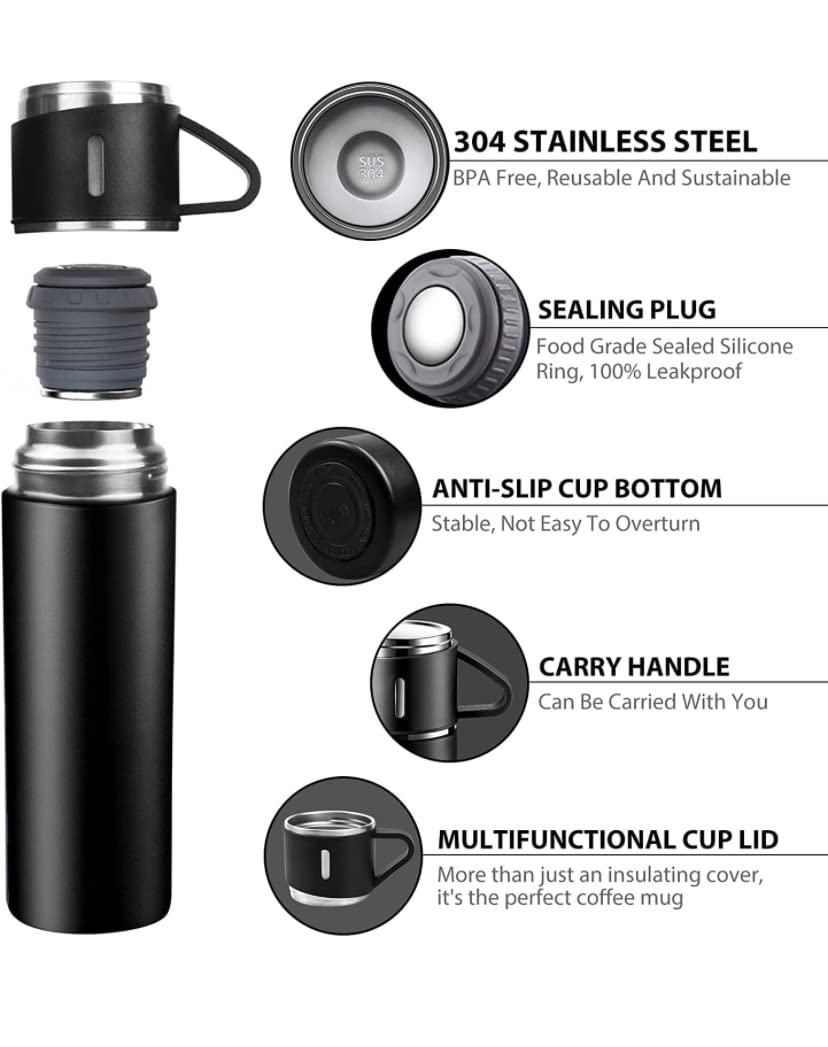 Anva Vacuum Flask Set with 3 Stainless Steel Cups Combo - 500ml - Keeps HOT/Cold