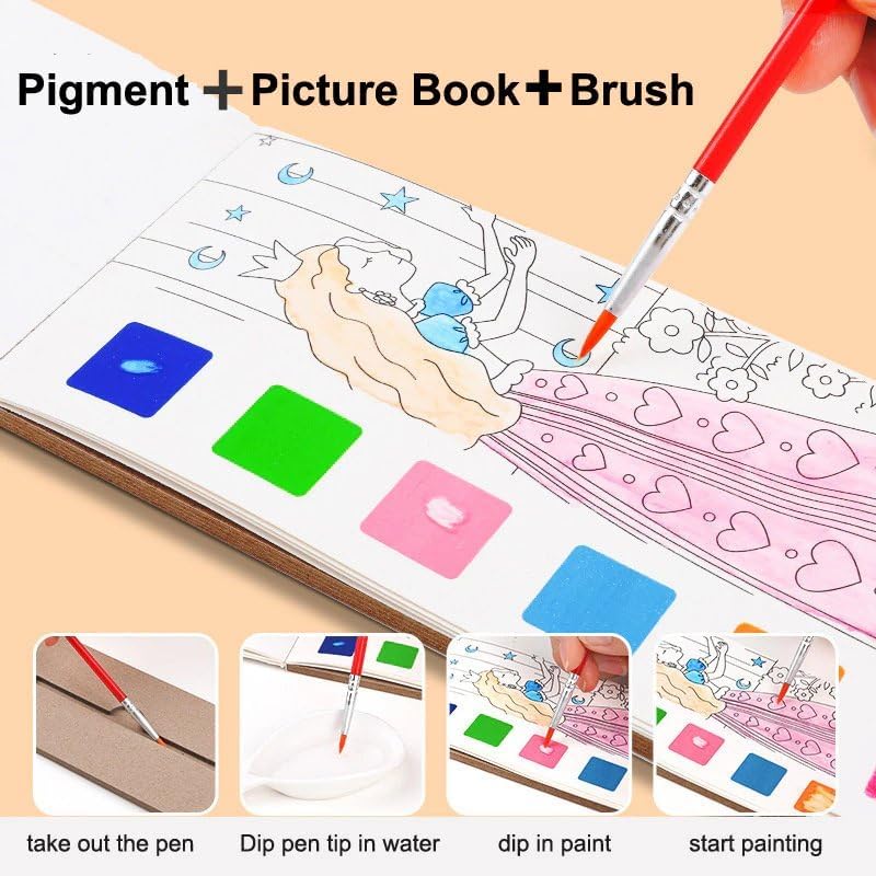 Watercolor Coloring Book for Kids Activity| Pocket Book with 1 Paint Brush, 20 Sheet Cartoon Painting kit for Children Best Gift Pack of 2