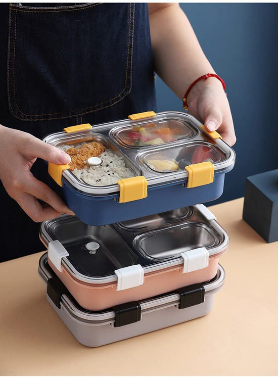 Anva Leak Proof 3 Compartment Stainless Steel Bento Lunch Boxes with Removable Inner Plate Reusable Freezer Safe Food Containers LARGE SPACE