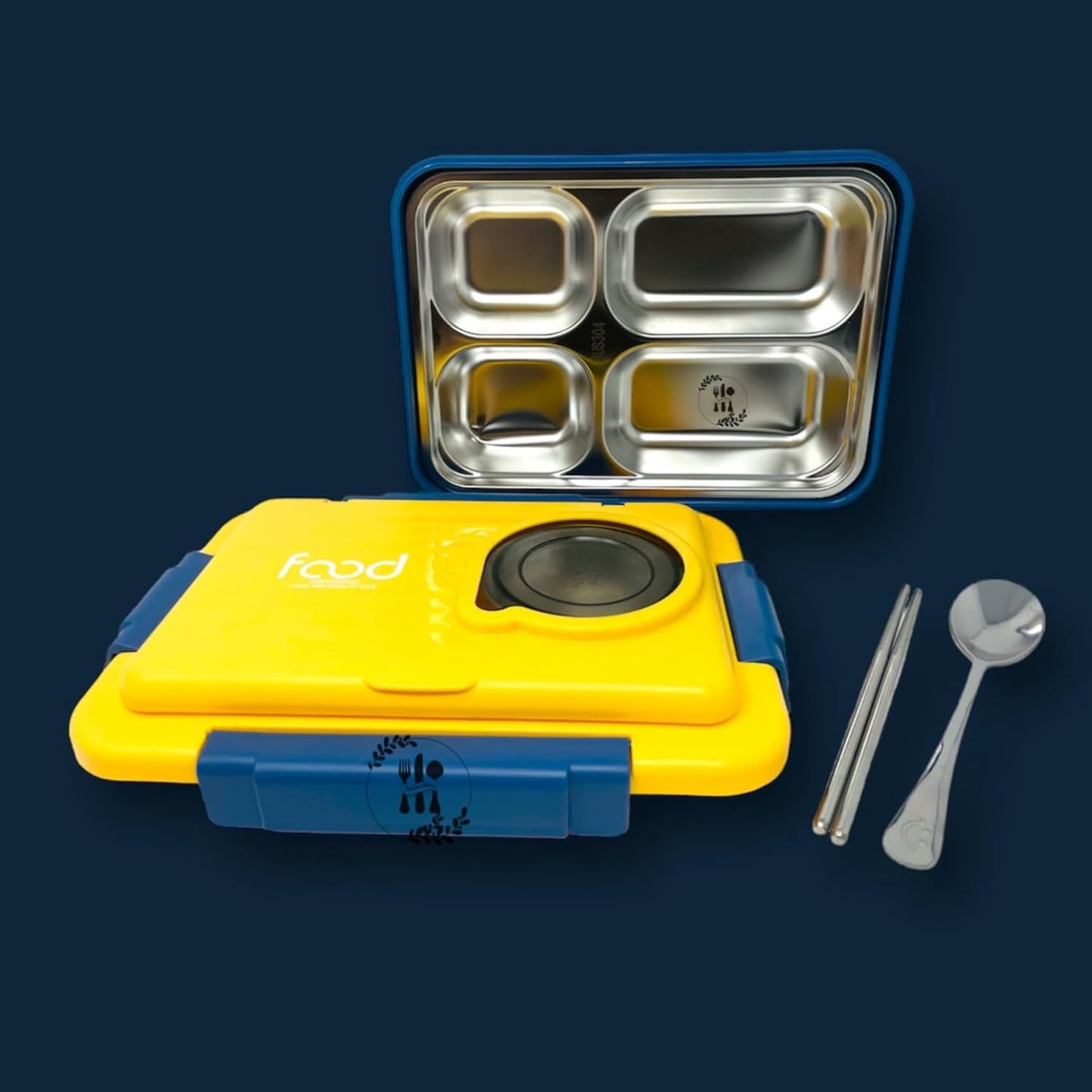 Bento Lunch Box 4 Compartment with Steel Cutlery, Heating Insulation