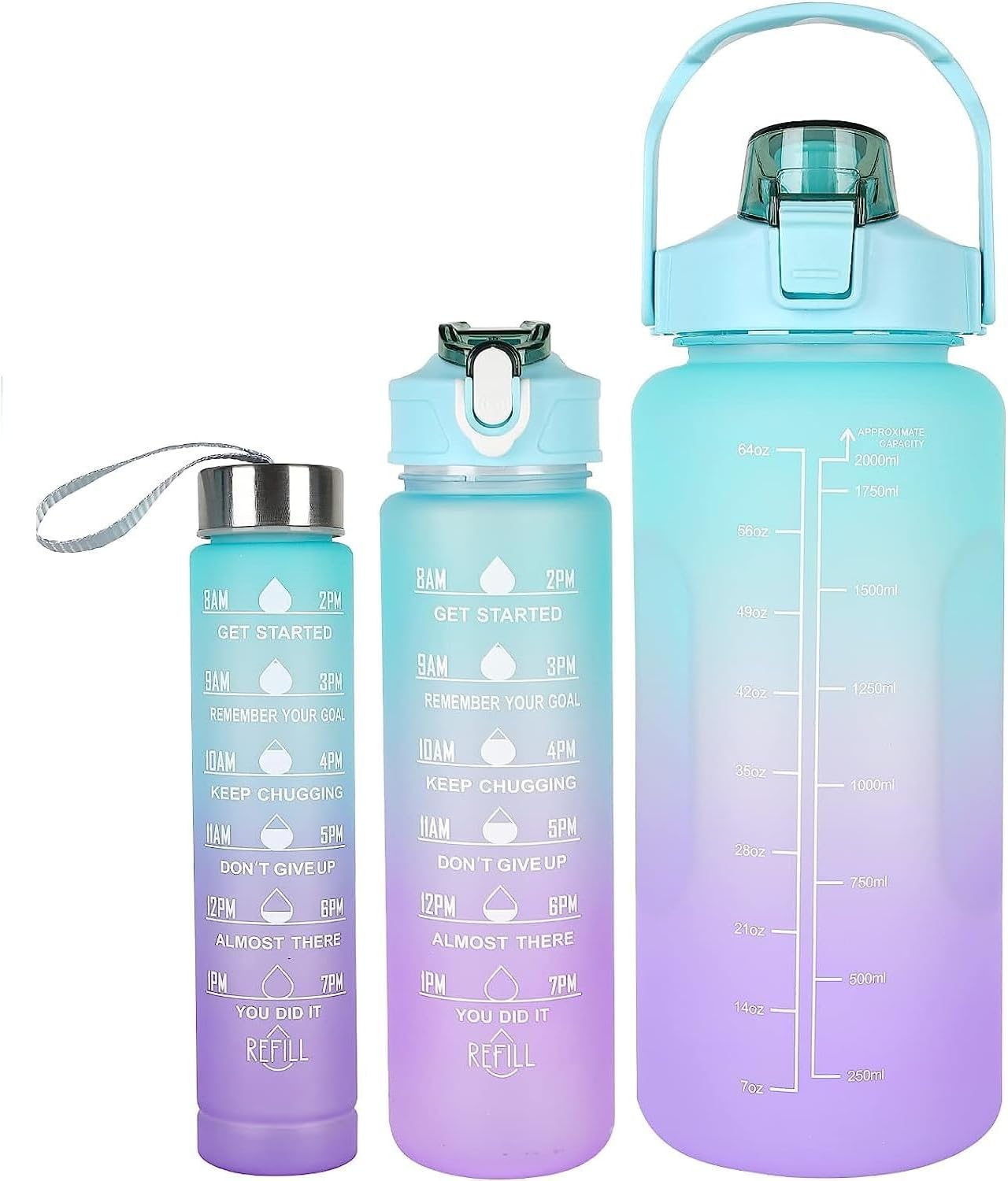 Water Bottle with Straw 2 liter Motivational Markers,3 Pack(2L+900ml+300ml), Leak-Proof, BPA-Free, Plastic Sport Bottle Portable for Camping, Bike, Gym