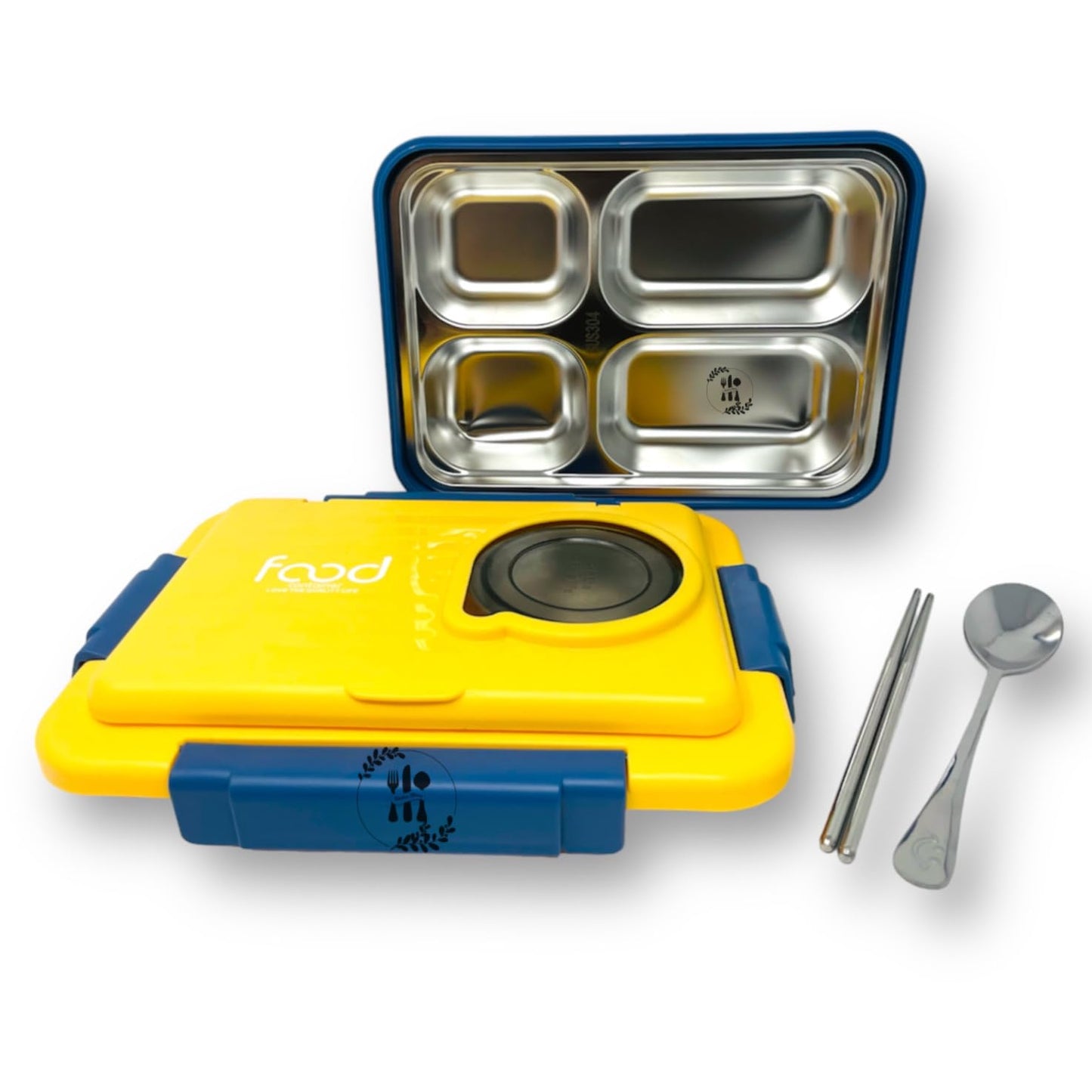 Bento Lunch Box 4 Compartment with Steel Cutlery, Heating Insulation