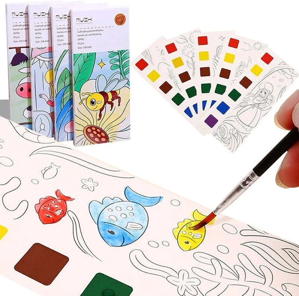 Watercolor Coloring Book for Kids Activity| Pocket Book with 1 Paint Brush, 20 Sheet Cartoon Painting kit for Children Best Gift Pack of 2