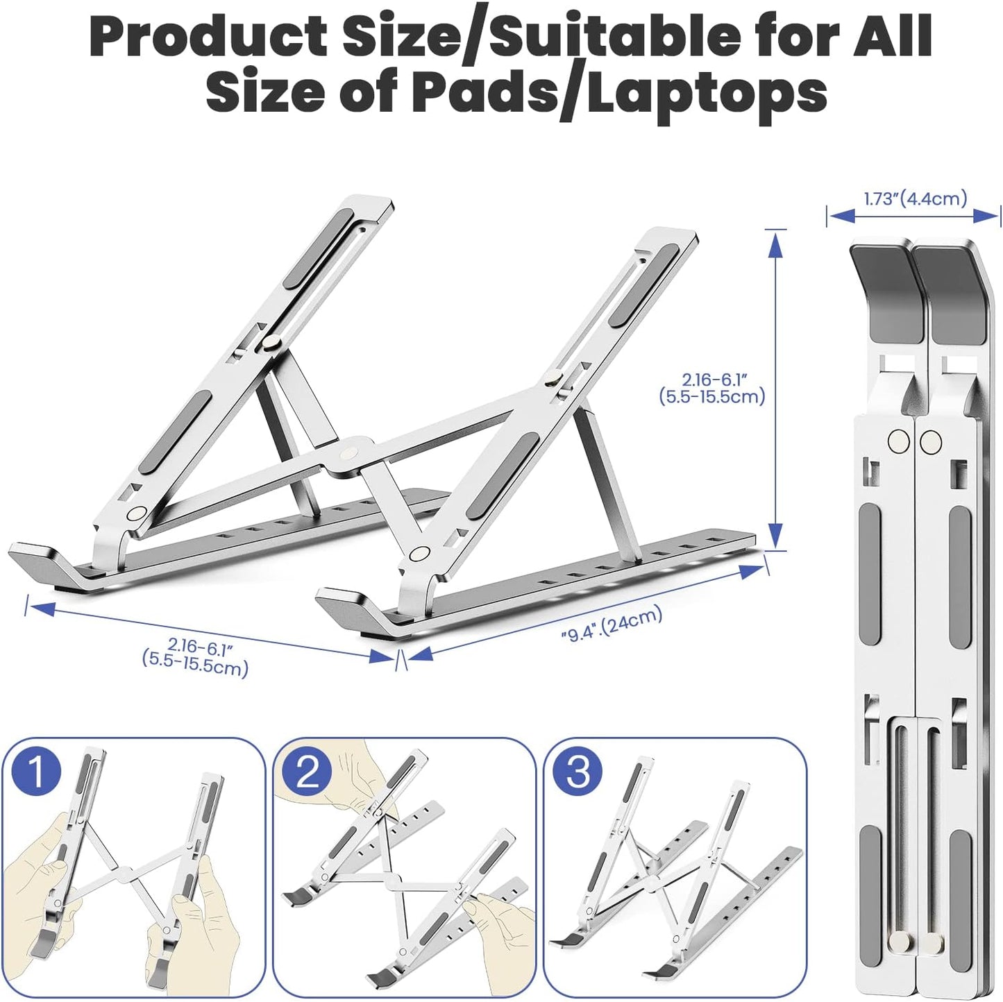 7 Angle Aluminum Laptop Stand Fully Foldable Raiser Compatible for 10 "-15 .6 Inch (Silver)