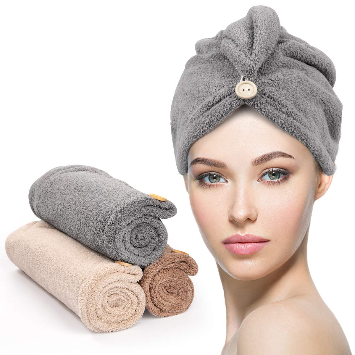 Microfiber Hair Towel with Button, Super Absorbent Fast Drying Hair Wrap