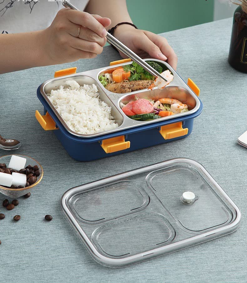 Anva Leak Proof 3 Compartment Stainless Steel Bento Lunch Boxes with Removable Inner Plate Reusable Freezer Safe Food Containers LARGE SPACE