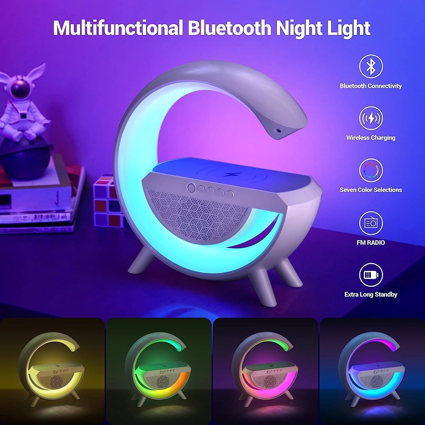 G Shape Rechargable Multifunctional Bluetooth Speaker with 15W Wireless Charger Cum Color Changing Desk Lamp