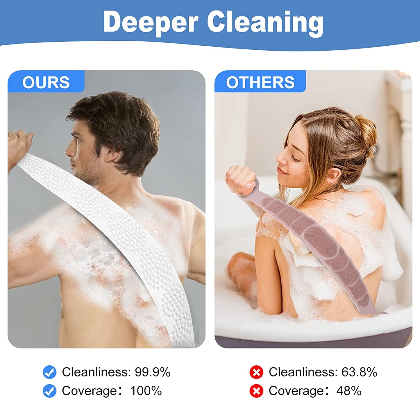 Conava unisex silicone body back scrubber double side bathing brush for skin deep cleaning massage, dead skin removal exfoliating belt for shower