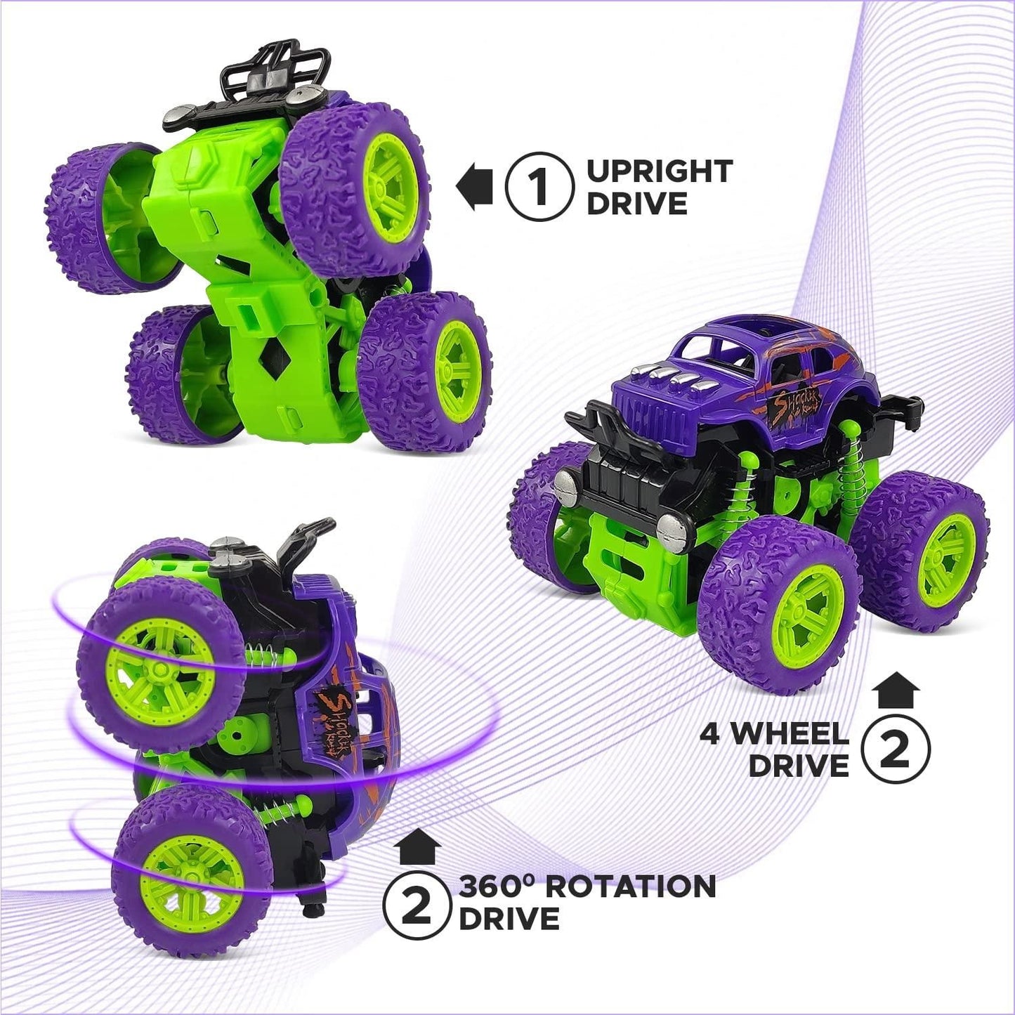 360 Degree Mini Monster Trucks Friction Powered Cars for Kids (Pack Of 2)